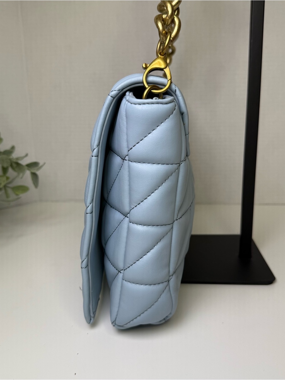 Zara Baby Blue & Gold Quilted Shoulder Bag Gold Chain Accent Strap - Picture 6 of 16
